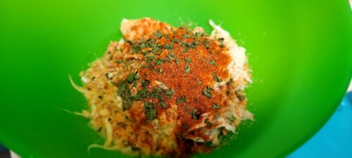 Mix all ingredients together for the lion's mane crab cake