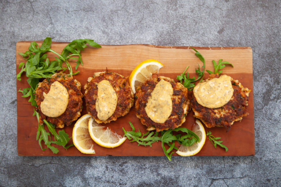 Lion's Mane Crab Cakes on tray